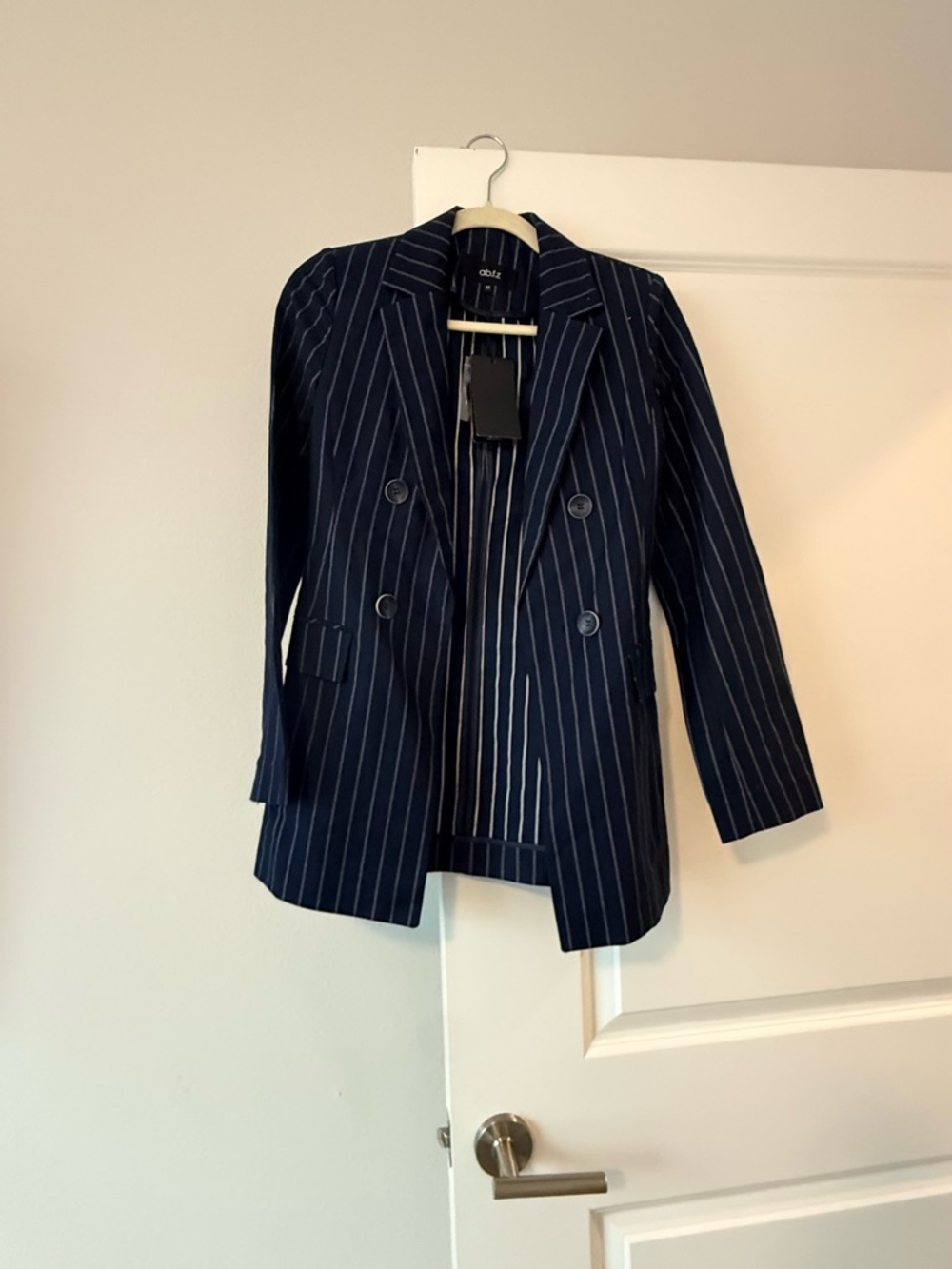 Women's Navy Pinstripe Double-Breasted Blazer
